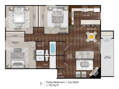 Floor plan for 3 beds, 2 baths, 1192 sqft